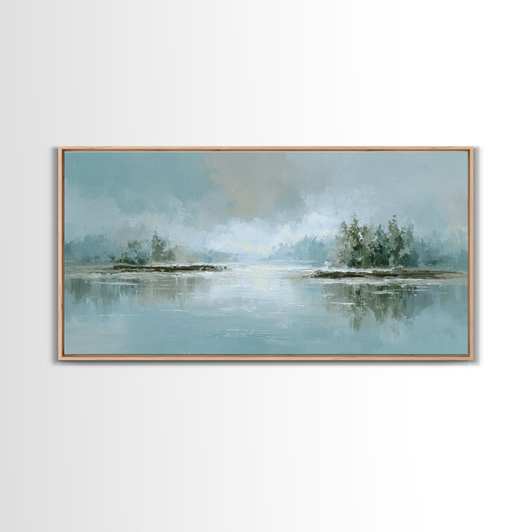 Misty Lake Scene Framed Canvas Print, Bathroom Art, Room Decor, Bathroom Decor, Spa, Custom Pet Portrait, Bathroom Wall Art, BAT-2x1-5