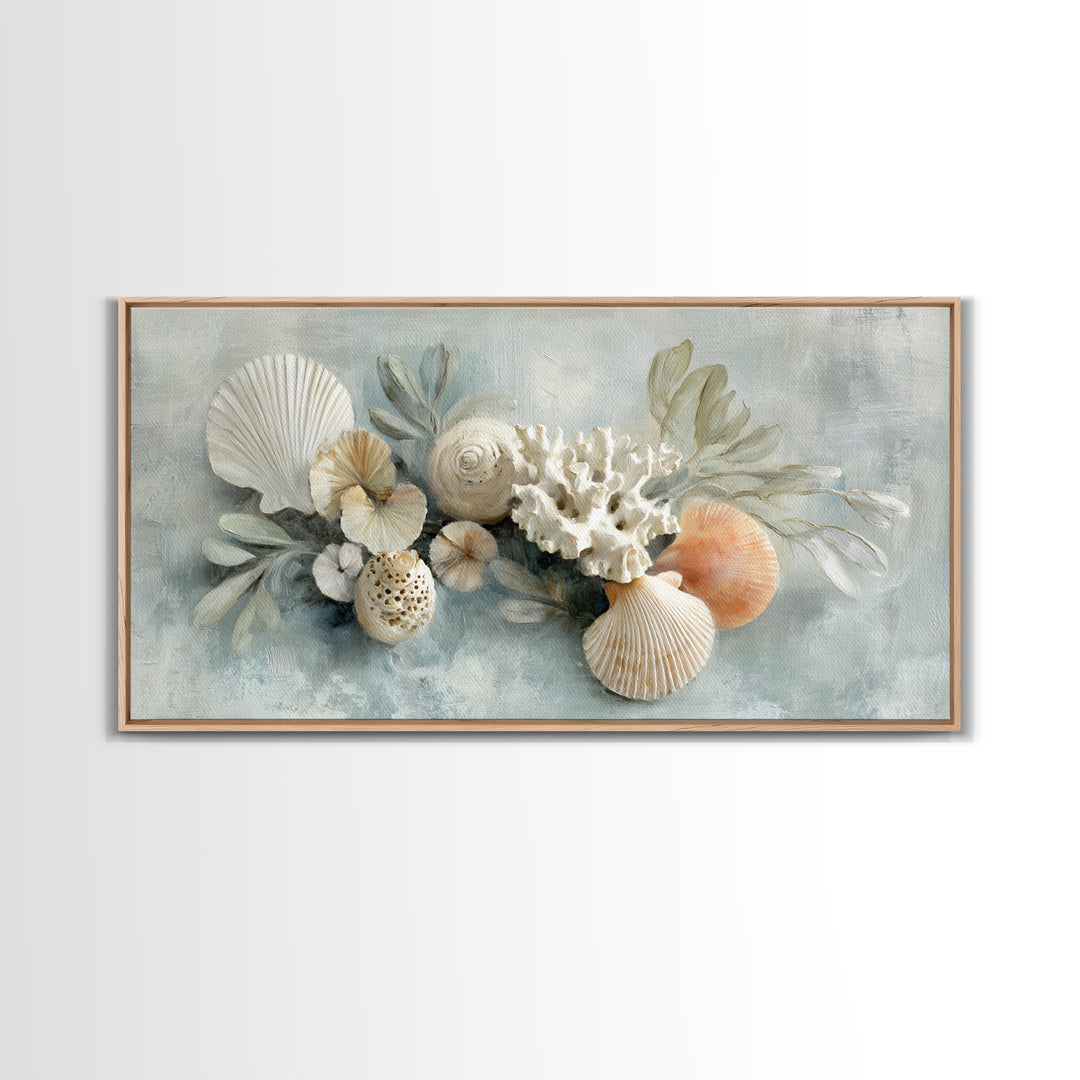 Coral and Shell Arrangement Framed Canvas Print, Bathroom Art, Wall Hanging, Bathroom Decor, Fine Art, Spa, Modern Art, BAT-2x1-55