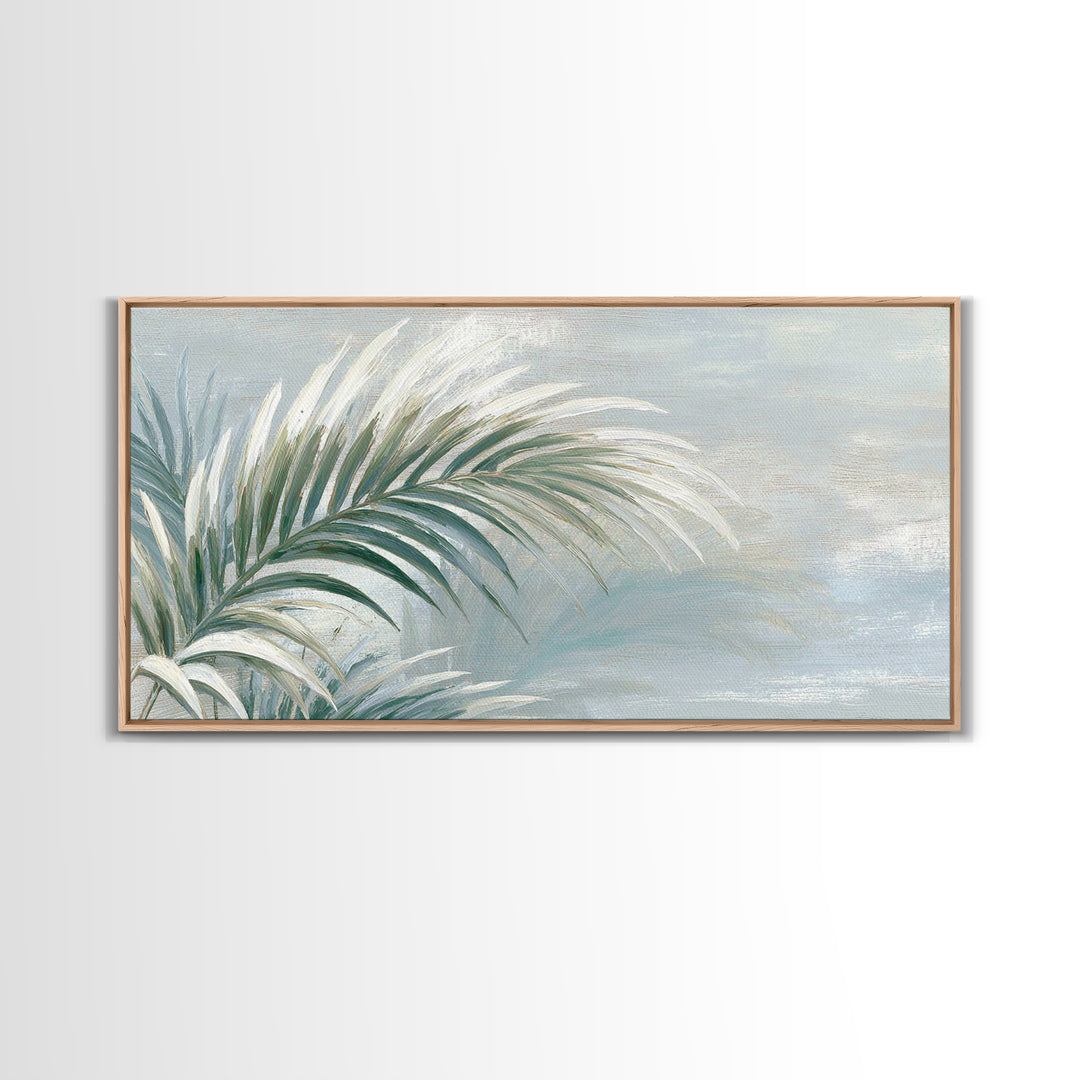 Simple Palm Frond on Off White Linen Framed Canvas Print, Bathroom Art, Minimalist Wall Art, Bathroom Decor, Fine Art, Spa, BAT-2x1-67