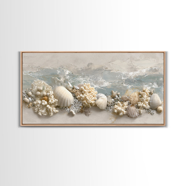 Coral and Shell Arrangement Framed Canvas Print, Bathroom Art, Contemporary Art, Bathroom Decor, Fine Art, Spa, Framed Wall Art, BAT-2x1-7