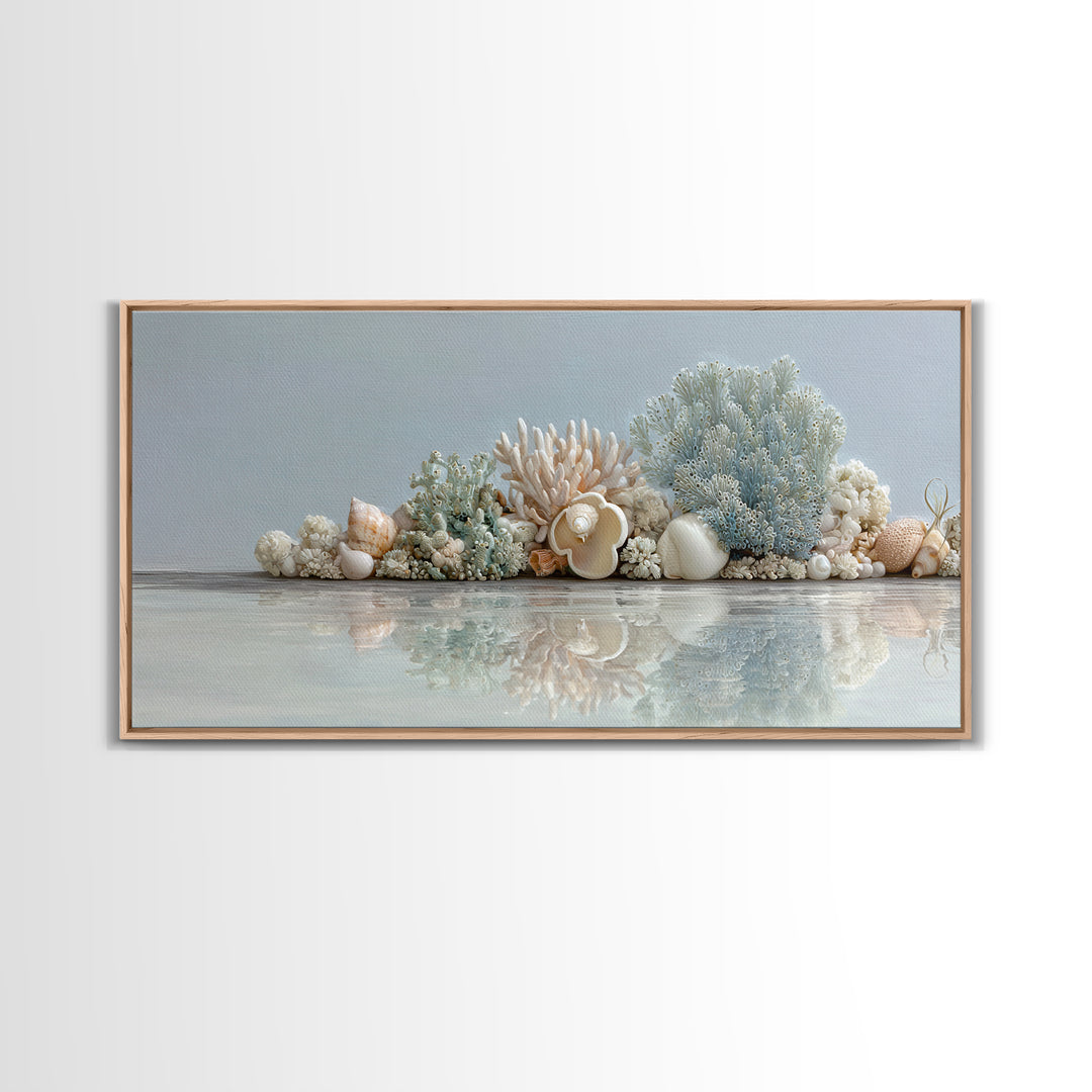 Coral and Shell Arrangement Framed Canvas Print, Bathroom Art, Bathroom Accessories, Bathroom Decor, Spa, Fine Art Print, BAT-2x1-79