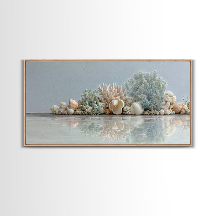Coral and Shell Arrangement Framed Canvas Print, Bathroom Art, Bathroom Accessories, Bathroom Decor, Spa, Fine Art Print, BAT-2x1-79