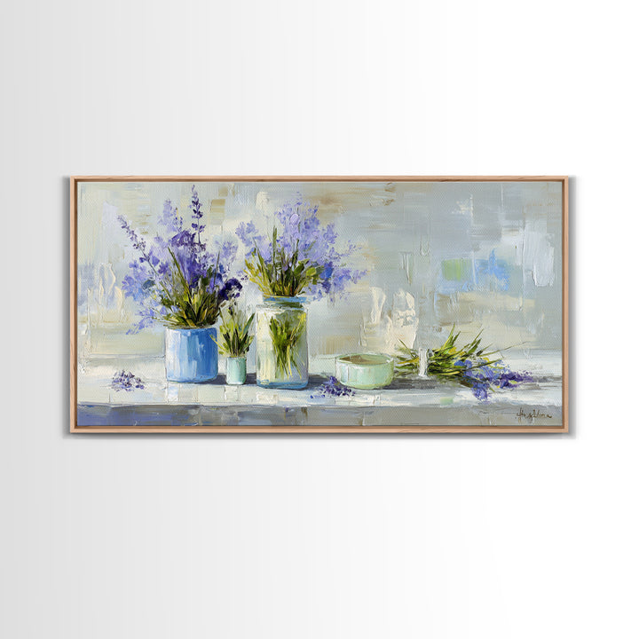 Lavender Sprigs in a Ceramic Vase Framed Canvas Print, Bathroom Art, Dopamine Decor, Bathroom Decor, Spa, Halloween Art, BAT-2x1-80