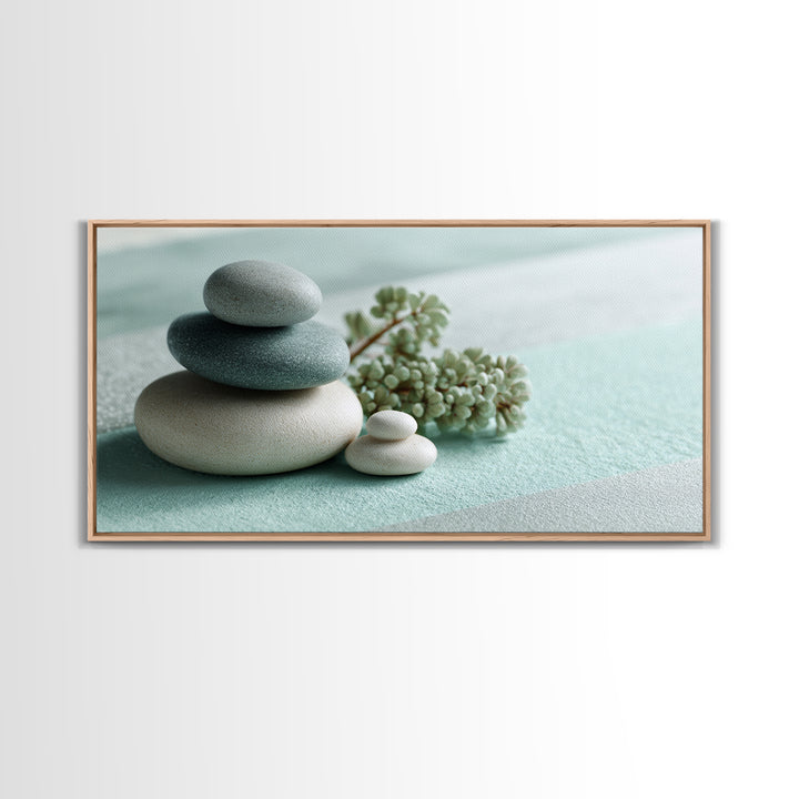 Monochrome Pebble Stack Framed Canvas Print, Bathroom Art, Poster, Bathroom Decor, Watercolor Art, Spa, Digital Print, BAT-2x1-81