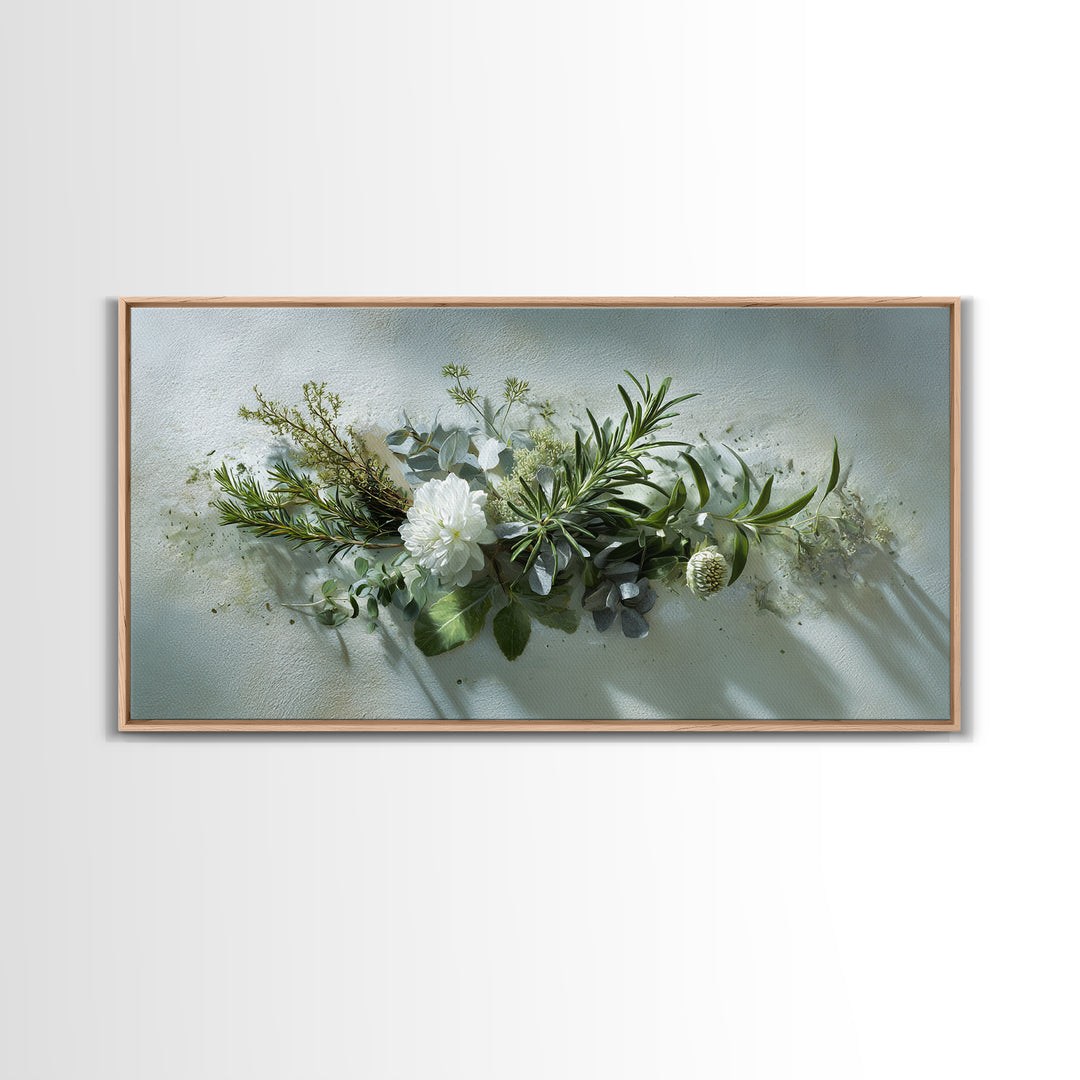 Botanical Bath Herb Arrangement Framed Canvas Print, Bathroom Art, Digital Art, Bathroom Decor, Fine Art, Spa, Dopamine Decor, BAT-2x1-85
