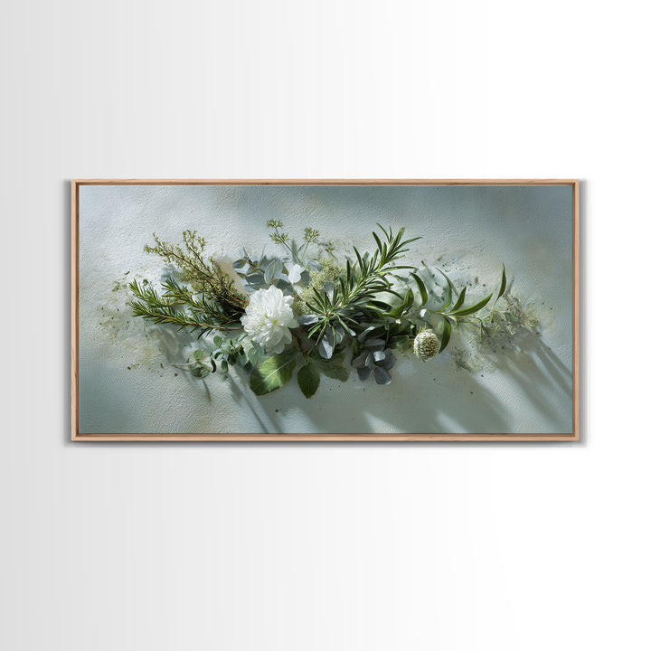 Botanical Bath Herb Arrangement Framed Canvas Print, Bathroom Art, Digital Art, Bathroom Decor, Fine Art, Spa, Dopamine Decor, BAT-2x1-85