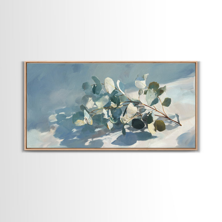 Sunlit Window Plant Shadow on Plaster Framed Canvas Print, Bathroom Art, Textured Painting, Bathroom Decor, Fine Art, Spa, BAT-2x1-86