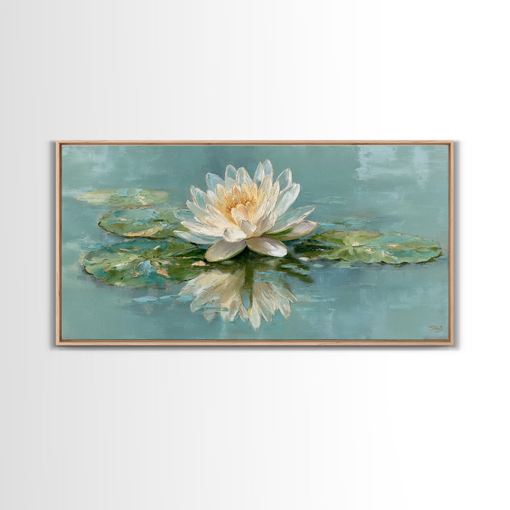 Lotus Flower Floating on Calm Water Framed Canvas Print, Bathroom Art, Framed Wall Art, Bathroom Decor, Watercolor Art, Spa, BAT-2x1-88
