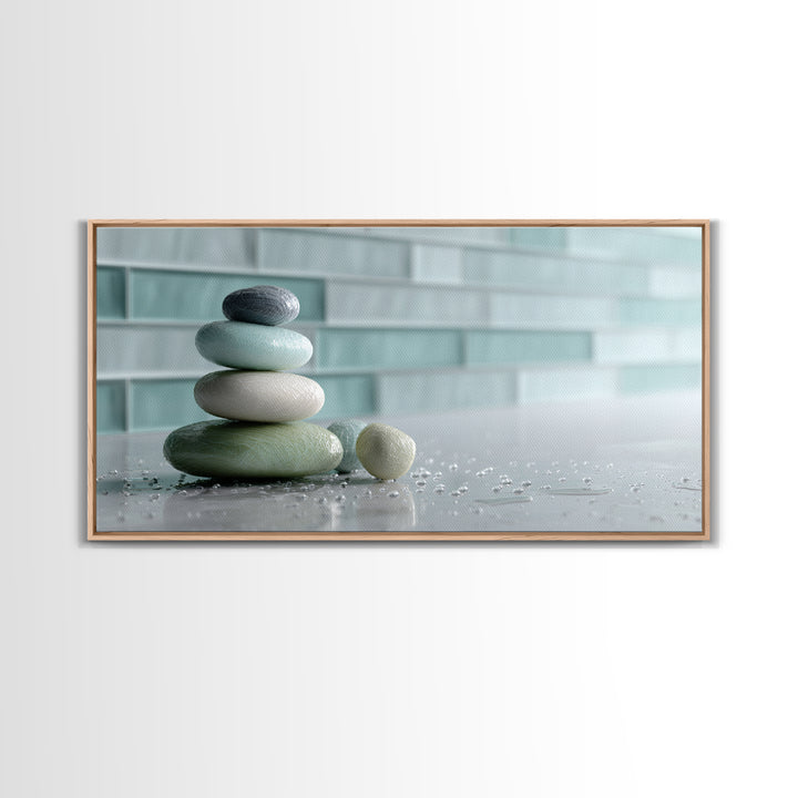 Monochrome Pebble Stack Framed Canvas Print, Bathroom Art, Statement Artwork, Bathroom Decor, Fine Art, Spa, Digital Art, BAT-2x1-9