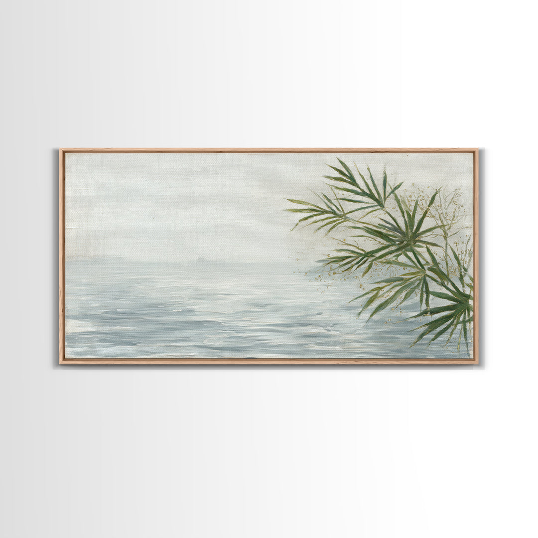 Simple Palm Frond on Off White Linen Framed Canvas Print, Bathroom Art, Digital Art, Bathroom Decor, Abstract Art, Spa, BAT-2x1-91