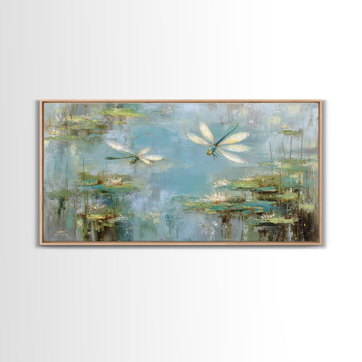 Delicate Dragonfly Above a Pond Surface Framed Canvas Print, Bathroom Art, Dog Portrait, Bathroom Decor, Oil Painting, Spa, BAT-2x1-92