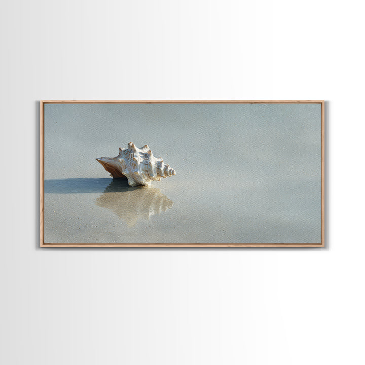 Minimal Seashell Still Life on Pale Sand Framed Canvas Print, Bathroom Art, Bathroom Wallpaper, Bathroom Decor, Fine Art, Spa, BAT-2x1-95