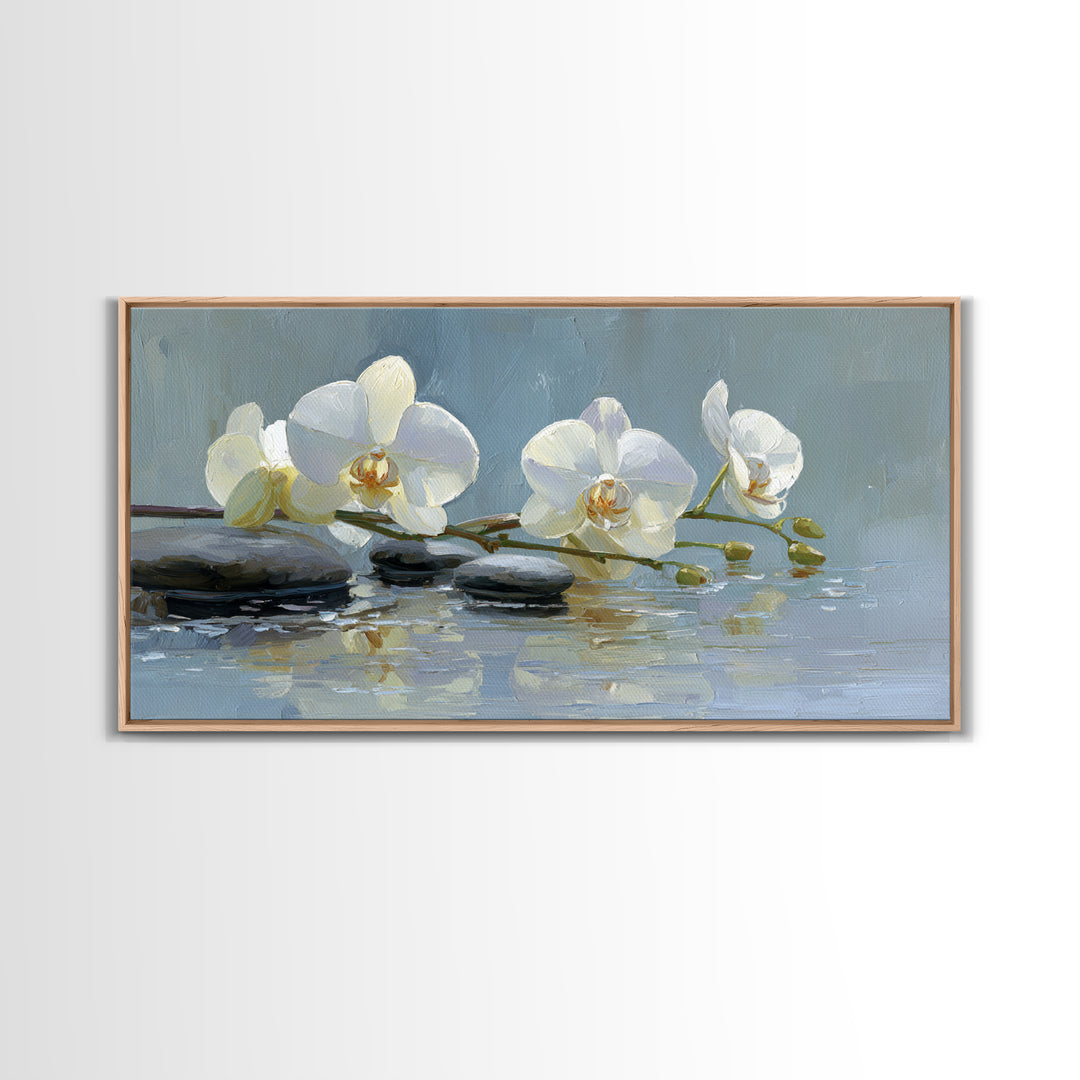 White Orchid on Warm Stone Background Framed Canvas Print, Bathroom Art, Modern Wall Art, Bathroom Decor, Oil Painting, Spa, BAT-2x1-96