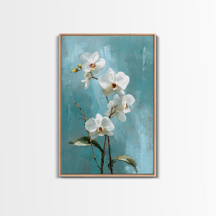 White Orchid on Warm Stone Background Framed Canvas Print, Bathroom Art, Fine Art Print, Bathroom Decor, Oil Painting, Spa, BAT-2x3-12