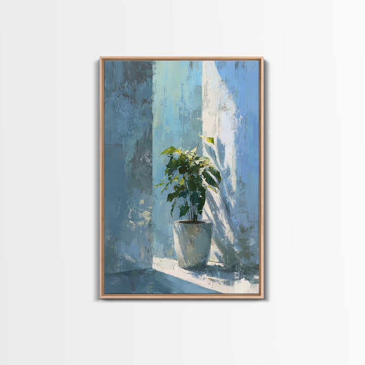 Sunlit Window Plant Shadow on Plaster Framed Canvas Print, Bathroom Art, Gallery Decor, Bathroom Decor, Abstract Art, Spa, BAT-2x3-2