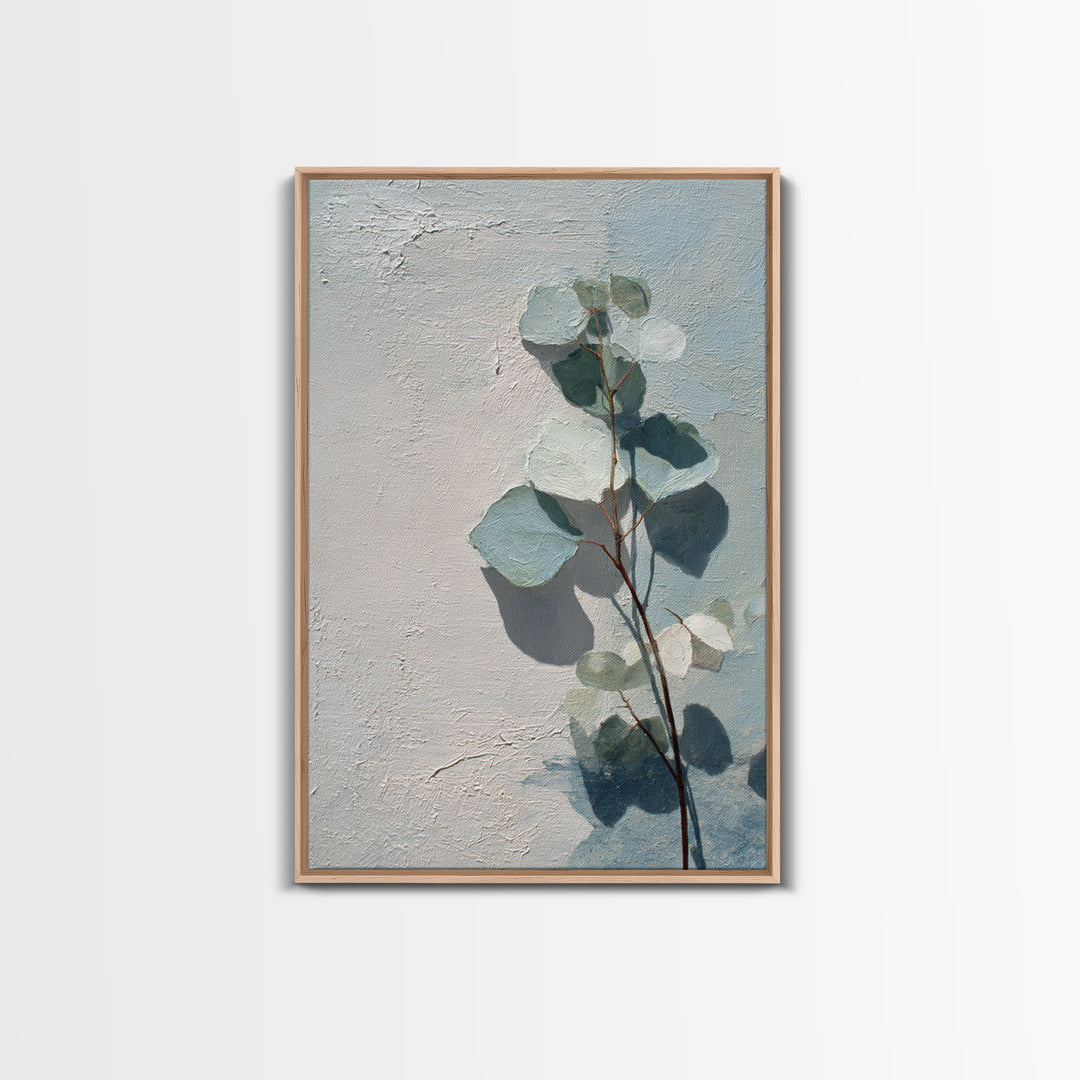 Sunlit Window Plant Shadow on Plaster Framed Canvas Print, Bathroom Art, Gallery Decor, Bathroom Decor, Abstract Art, Spa, BAT-2x3-26