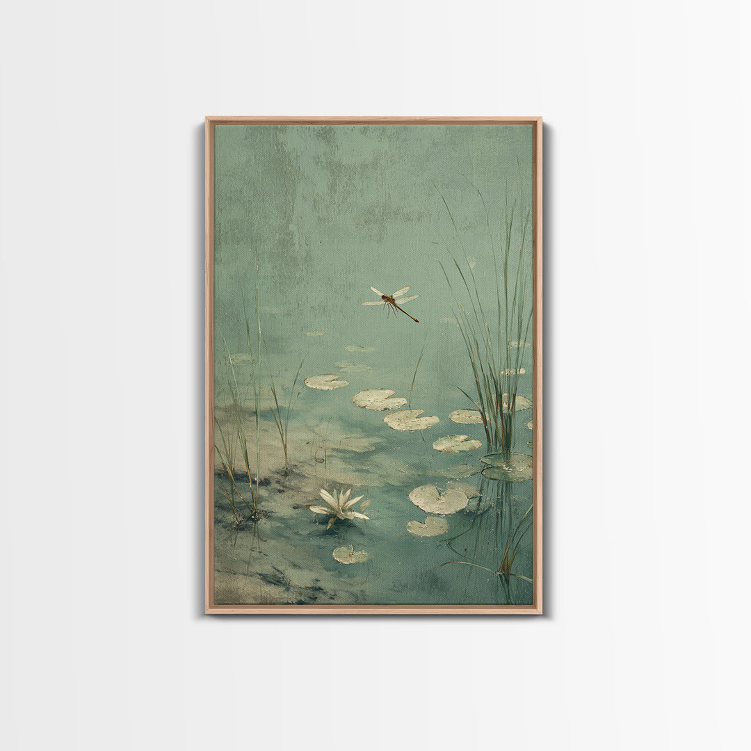 Delicate Dragonfly Above a Pond Surface Canvas Print, Bathroom Art, Bathroom Wall Decor, Bathroom Decor, Fine Art, Spa, BAT-2x3-32