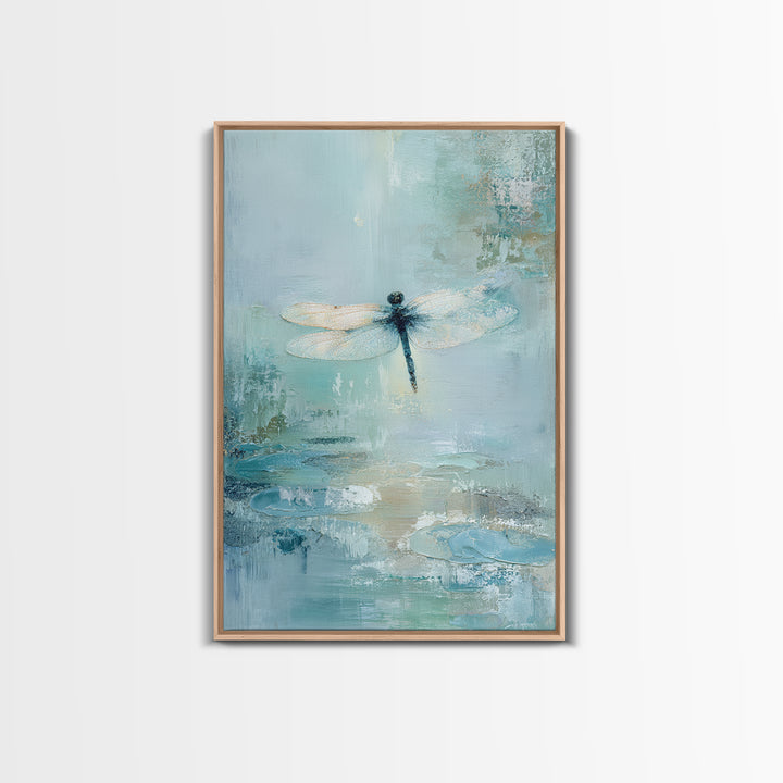 Delicate Dragonfly Above a Pond Surface Framed Canvas Print, Bathroom Art, Modern Art, Bathroom Decor, Fine Art, Spa, BAT-2x3-56