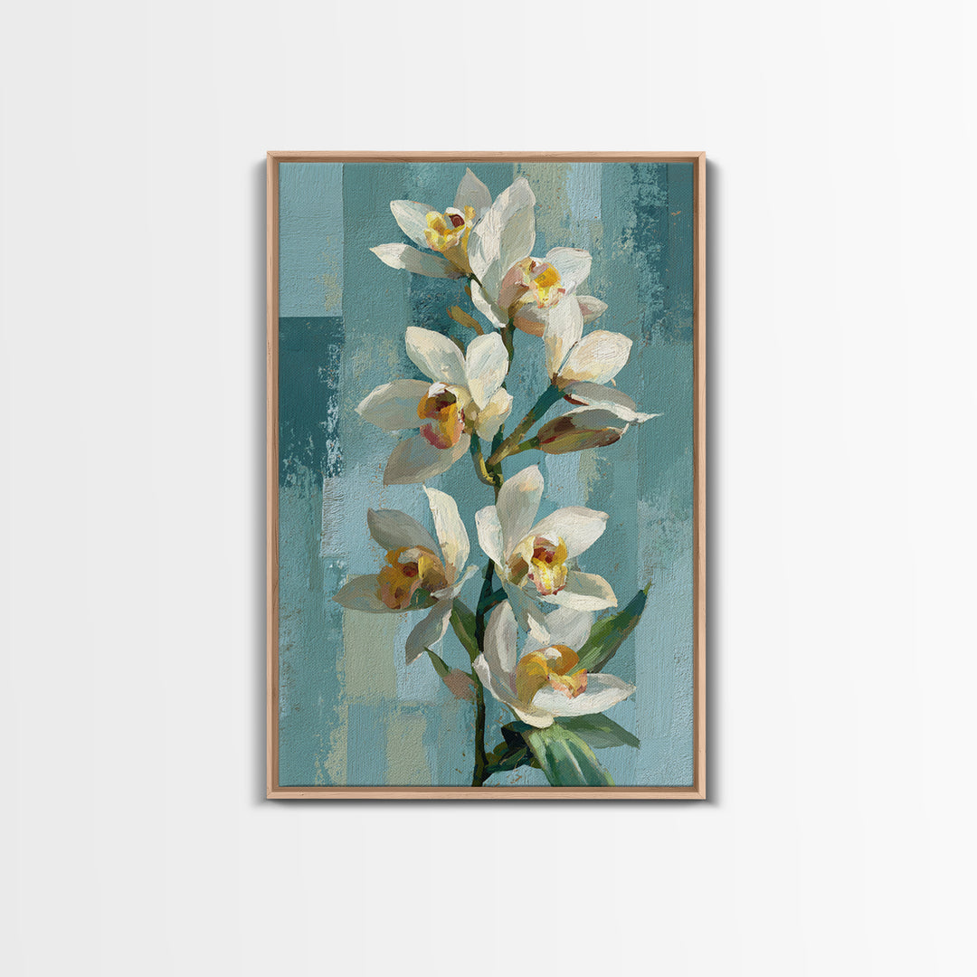 White Orchid on Warm Stone Background Framed Canvas Print, Bathroom Art, Statement Artwork, Bathroom Decor, Fine Art, Spa, BAT-2x3-60
