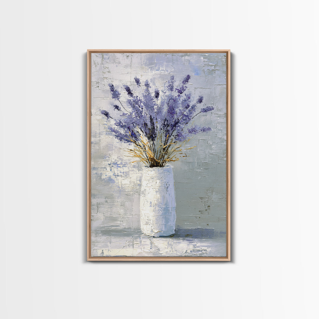 Lavender Sprigs in a Ceramic Vase Framed Canvas Print, Bathroom Art, Minimalist Decor, Bathroom Decor, Fine Art, Spa, BAT-2x3-68