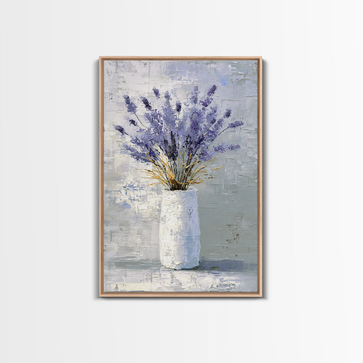 Lavender Sprigs in a Ceramic Vase Framed Canvas Print, Bathroom Art, Minimalist Decor, Bathroom Decor, Fine Art, Spa, BAT-2x3-68