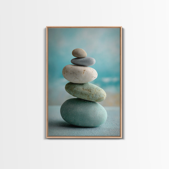 Monochrome Pebble Stack Framed Canvas Print, Bathroom Art, Digital Art, Bathroom Decor, Fine Art, Spa, Dopamine Decor, BAT-2x3-69