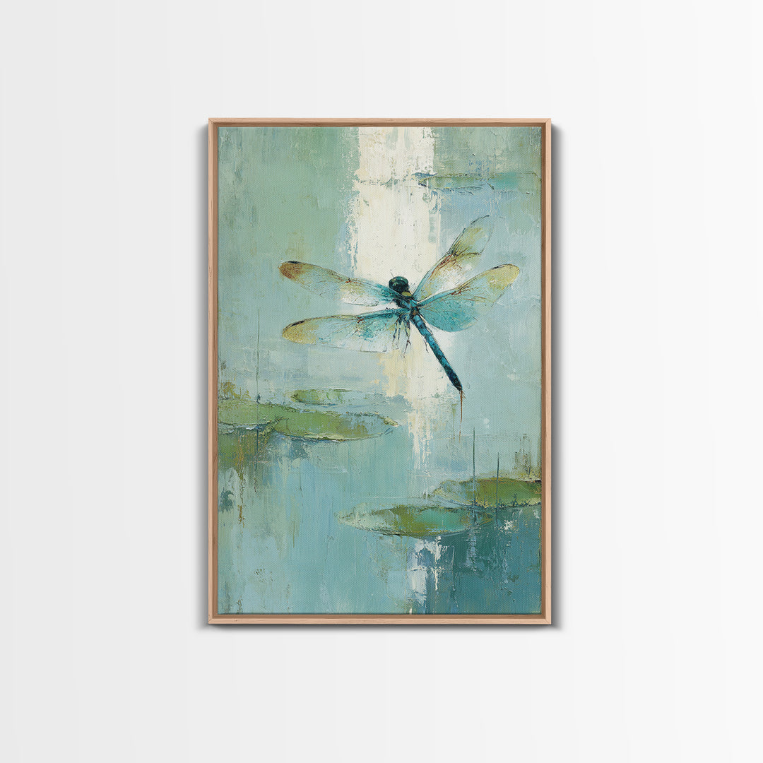 Delicate Dragonfly Above a Pond Surface Framed Canvas Print, Bathroom Art, Fine Art Print, Bathroom Decor, Fine Art, Spa, BAT-2x3-80