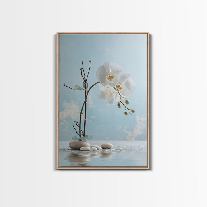 White Orchid on Warm Stone Background Framed Canvas Print, Bathroom Art, Canvas Wall Art, Bathroom Decor, Fine Art, Spa, BAT-2x3-84