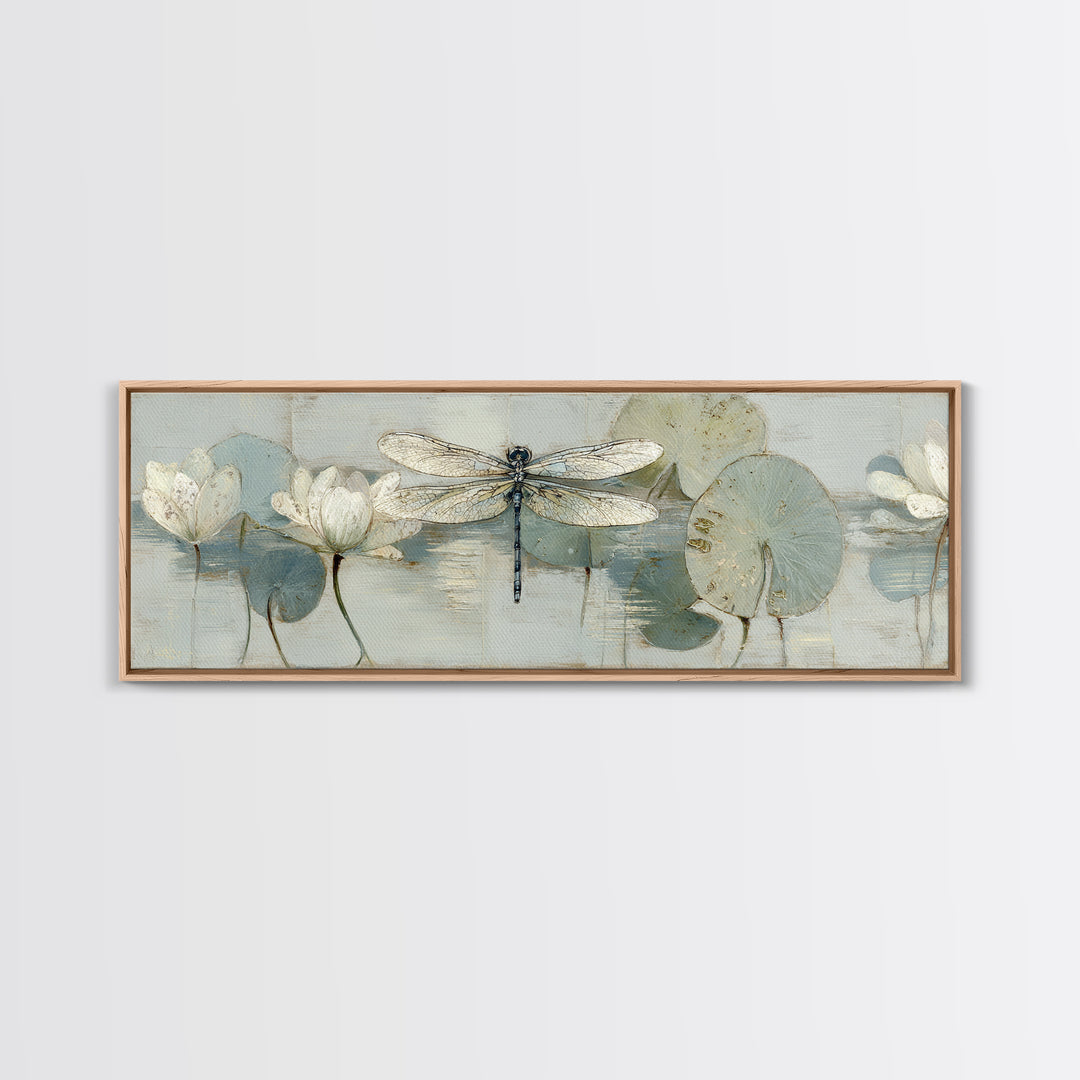 Delicate Dragonfly Above a Pond Surface Canvas Print, Bathroom Art, Unique Wall Art, Bathroom Decor, Spa, Gallery Decor, BAT-3x1-16