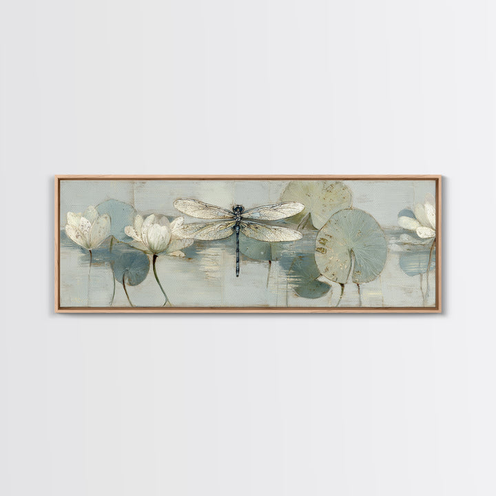 Delicate Dragonfly Above a Pond Surface Canvas Print, Bathroom Art, Unique Wall Art, Bathroom Decor, Spa, Gallery Decor, BAT-3x1-16