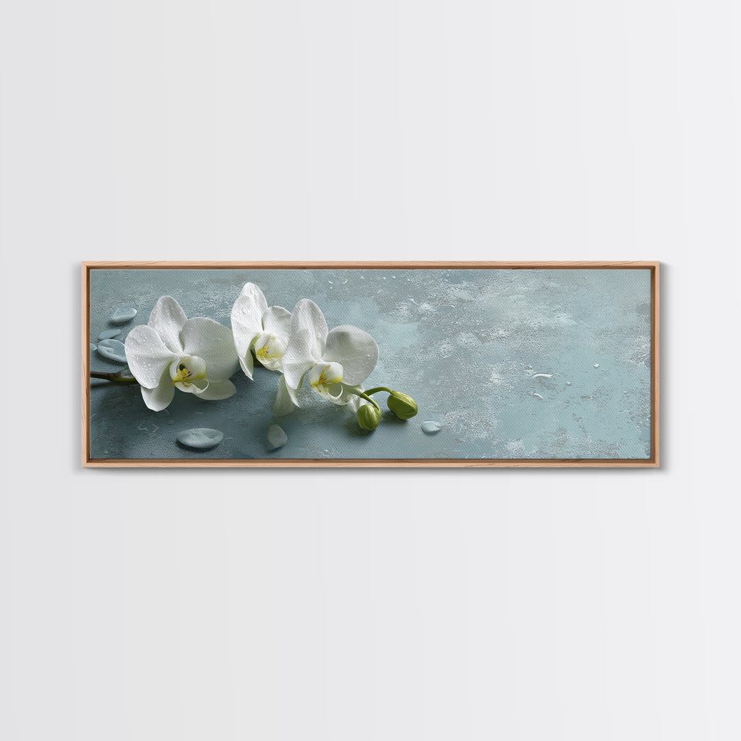 White Orchid on Warm Stone Background Framed Canvas Print, Bathroom Art, Gallery Decor, Bathroom Decor, Fine Art, Spa, BAT-3x1-44