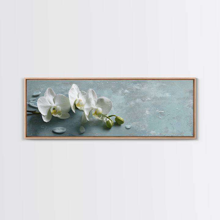 White Orchid on Warm Stone Background Framed Canvas Print, Bathroom Art, Gallery Decor, Bathroom Decor, Fine Art, Spa, BAT-3x1-44