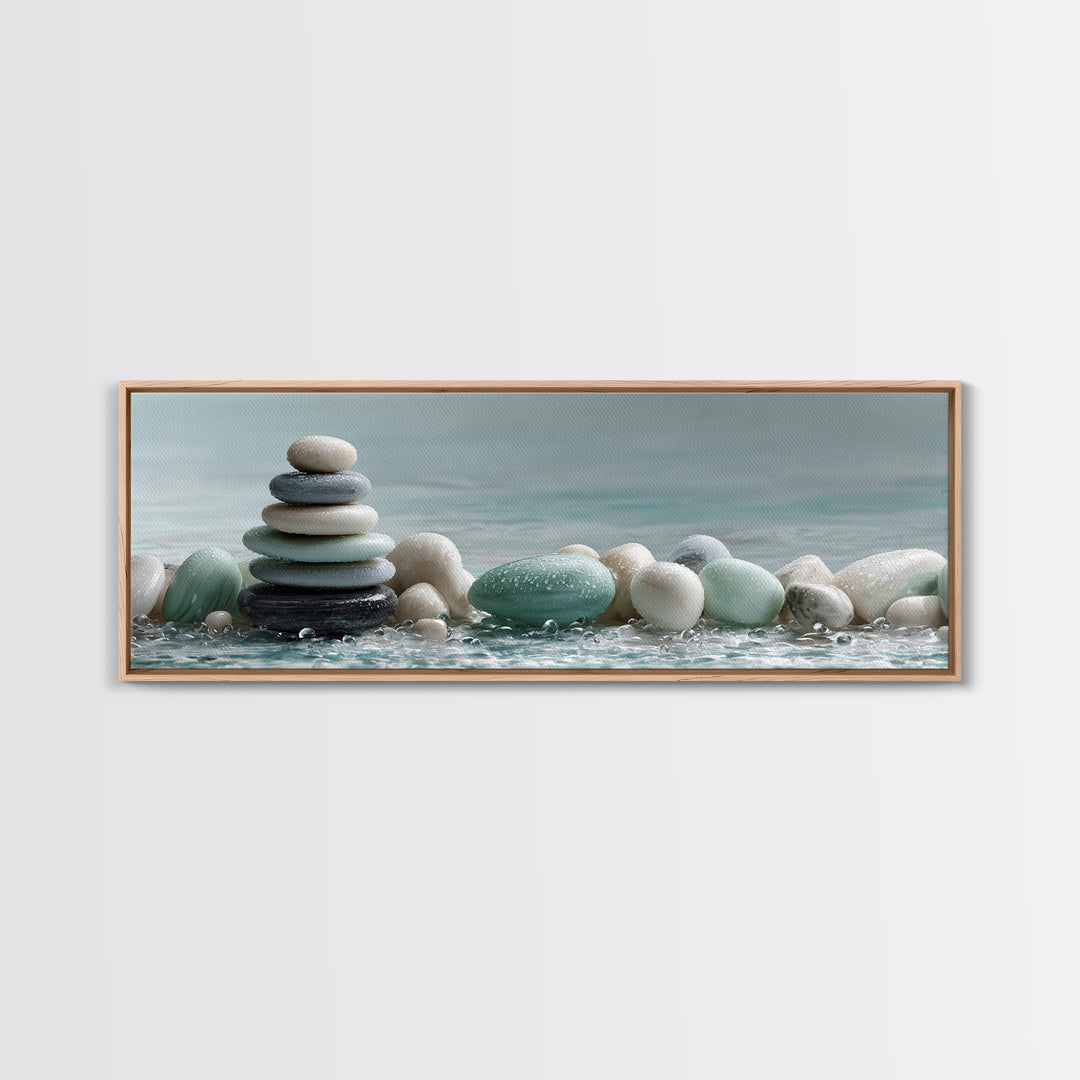 Monochrome Pebble Stack Framed Canvas Print, Bathroom Art, Canvas Wall Art, Bathroom Decor, Fine Art, Spa, Bathroom Wallpaper, BAT-3x1-53