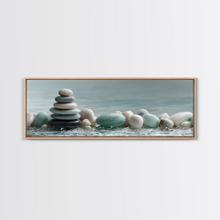 Monochrome Pebble Stack Framed Canvas Print, Bathroom Art, Canvas Wall Art, Bathroom Decor, Fine Art, Spa, Bathroom Wallpaper, BAT-3x1-53