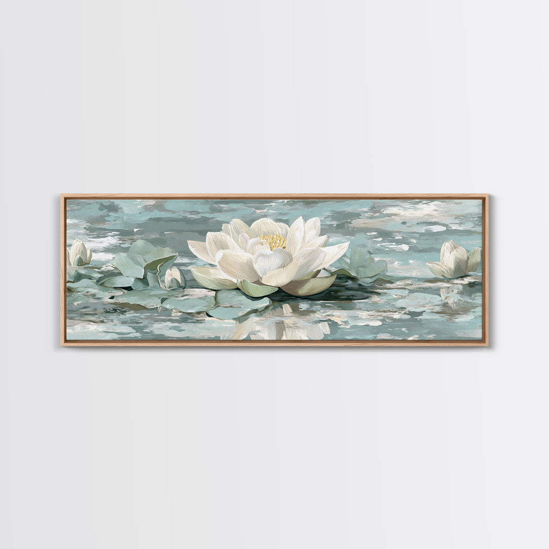 Lotus Flower Floating on Calm Water Framed Canvas Print, Bathroom Art, Fine Art Print, Bathroom Decor, Oil Painting, Spa, BAT-3x1-60