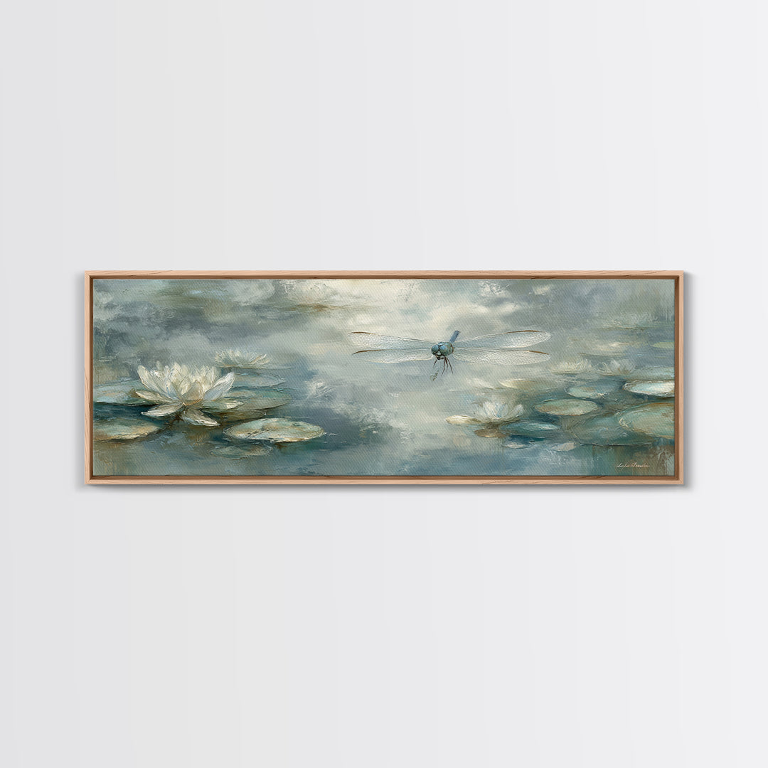 Delicate Dragonfly Above a Pond Surface Framed Canvas Print, Bathroom Art, Statement Artwork, Bathroom Decor, Fine Art, Spa, BAT-3x1-64