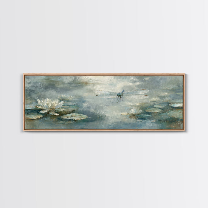 Delicate Dragonfly Above a Pond Surface Framed Canvas Print, Bathroom Art, Statement Artwork, Bathroom Decor, Fine Art, Spa, BAT-3x1-64