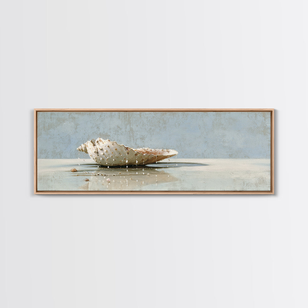 Minimal Seashell Still Life on Pale Sand Framed Canvas Print, Bathroom Art, Printable, Bathroom Decor, Abstract Art, Spa, BAT-3x1-67