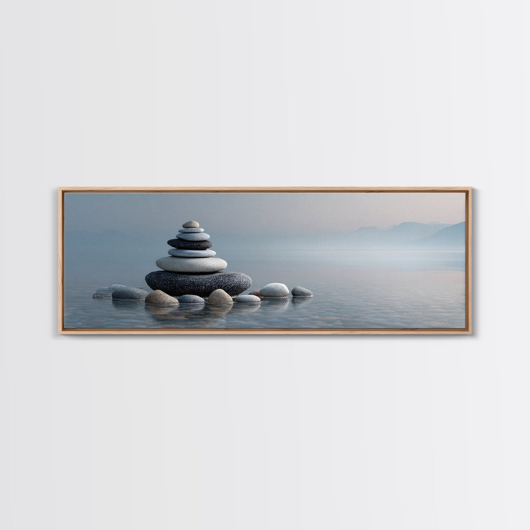 Monochrome Pebble Stack Framed Canvas Print, Bathroom Art, Canvas Wall Art, Bathroom Decor, Fine Art, Spa, Bathroom Wallpaper, BAT-3x1-77