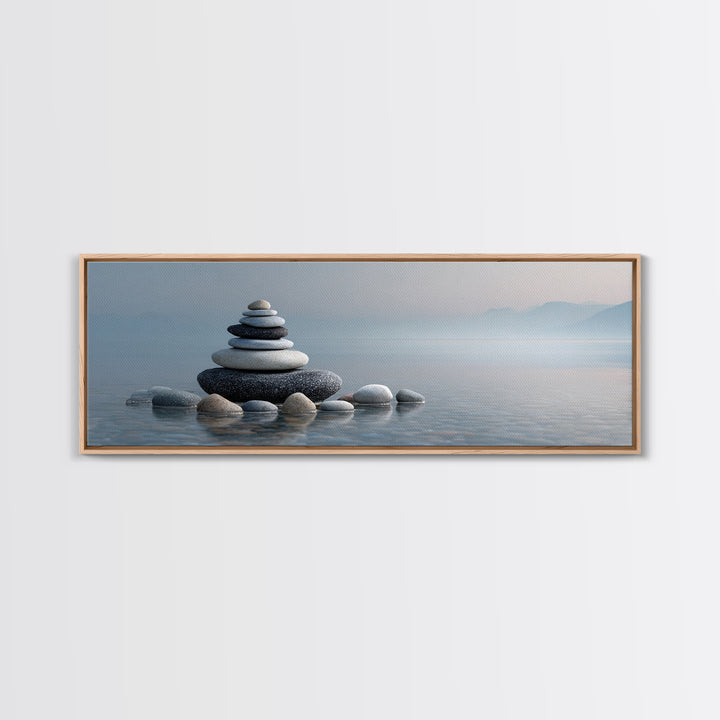 Monochrome Pebble Stack Framed Canvas Print, Bathroom Art, Canvas Wall Art, Bathroom Decor, Fine Art, Spa, Bathroom Wallpaper, BAT-3x1-77