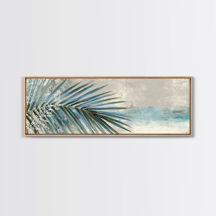 Simple Palm Frond on Off White Linen Framed Canvas Print, Bathroom Art, Digital Art, Bathroom Decor, Abstract Art, Spa, BAT-3x1-87