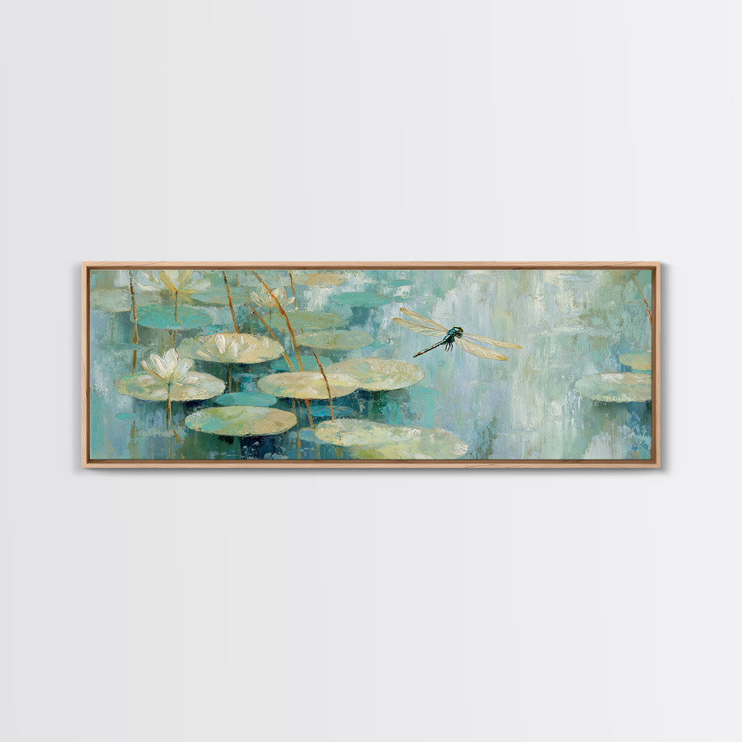 Delicate Dragonfly Above a Pond Surface Canvas Print, Bathroom Art, Textured Painting, Bathroom Decor, Oil Painting, Spa, BAT-3x1-88