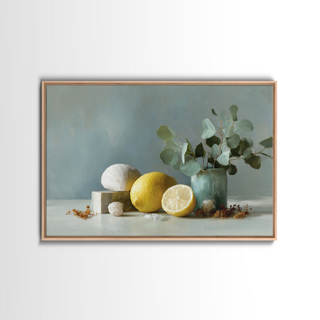 Lemon and Botanical Still Life Framed Canvas Print, Bathroom Art, Digital Wall Art, Bathroom Decor, Oil Painting, Spa, BAT-3x2-10
