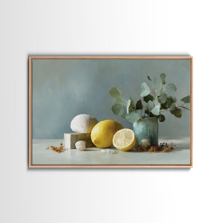 Lemon and Botanical Still Life Framed Canvas Print, Bathroom Art, Digital Wall Art, Bathroom Decor, Oil Painting, Spa, BAT-3x2-10