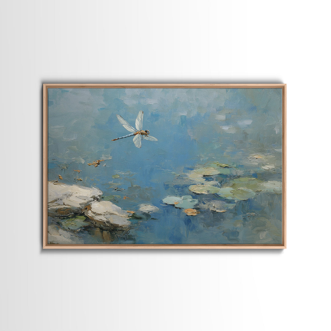 Delicate Dragonfly Above a Pond Surface Framed Canvas Print, Bathroom Art, Bathroom Art Decor, Bathroom Decor, Oil Painting, BAT-3x2-100