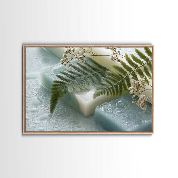 Green Fern Frond Closeup Framed Canvas Print, Bathroom Art, Home Decor, Bathroom Decor, Fine Art, Spa, Canvas Wall Art, BAT-3x2-14
