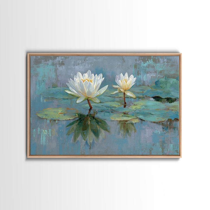 Lotus Flower Floating on Calm Water Framed Canvas Print, Bathroom Art, Digital Wall Art, Bathroom Decor, Fine Art, Spa, BAT-3x2-24