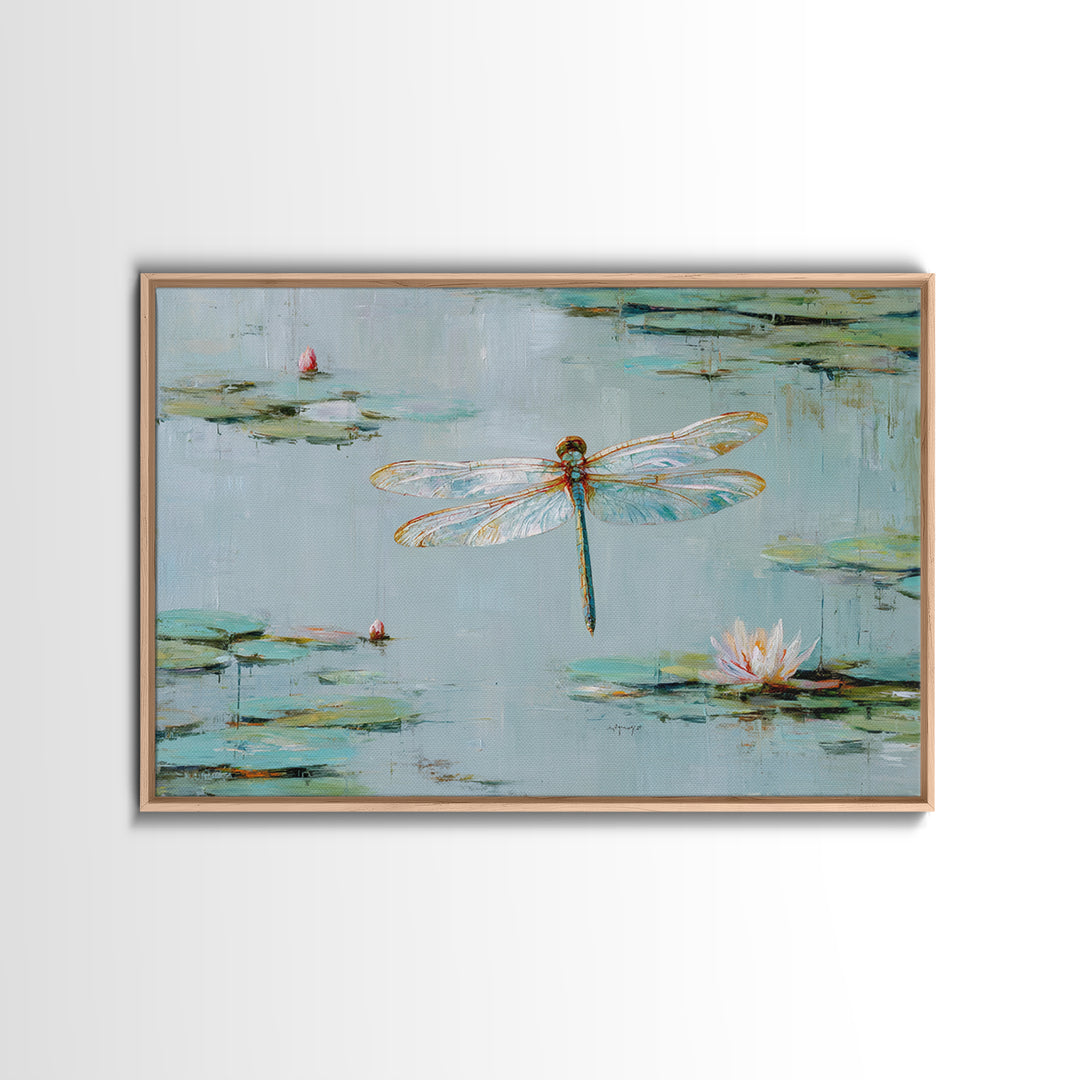 Delicate Dragonfly Above a Pond Surface Framed Canvas Print, Bathroom Art, Home Decor, Bathroom Decor, Fine Art, Spa, BAT-3x2-28