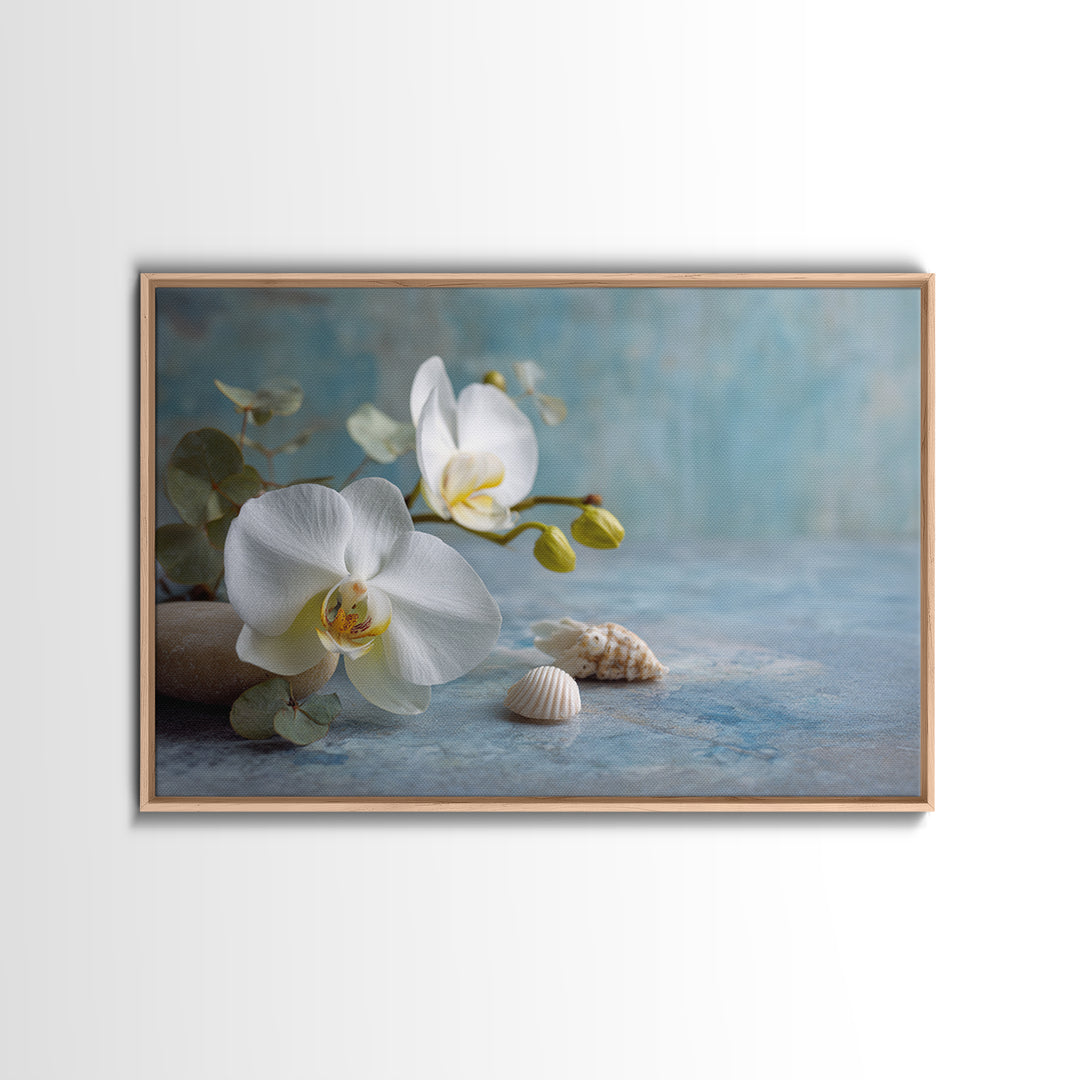 White Orchid on Warm Stone Background Canvas Print, Bathroom Art, Custom Pet Portrait, Bathroom Decor, Fine Art, Spa, BAT-3x2-32