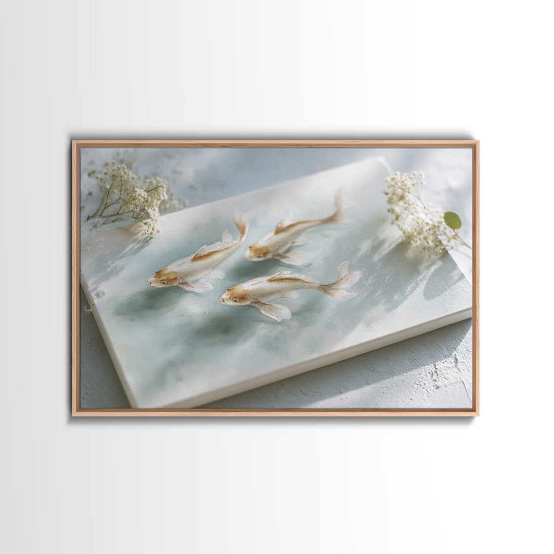 Minimal Koi Fish Swimming Through Clear Water Framed Canvas Print, Bathroom Art, Bathroom Wall Art, Bathroom Decor, Spa, BAT-3x2-36